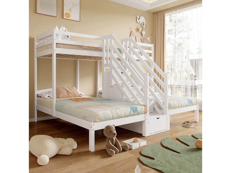  Lit superposé 3 etage 90x200 cm 3 lits pin avec échelle escamotable tiroirs et barrière certifié blanc  - Conforama D