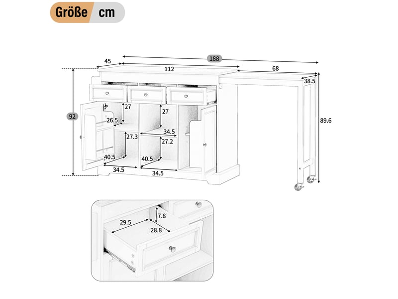  Desserte de cuisine à roulettes avec plateau extensible, 3 tiroirs et étagères pour cuisine, 112 × 45 × 92 cm  - Conforama E