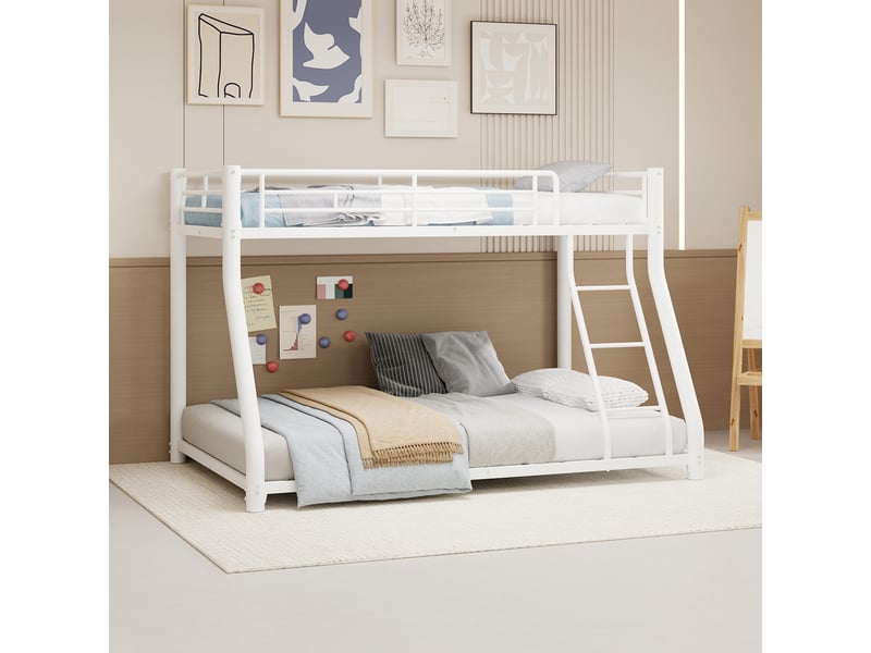  Lit superposé 90×190 cm et 140×190 cm avec échelle, barrière haute et sommier en métal blanc  - Conforama C