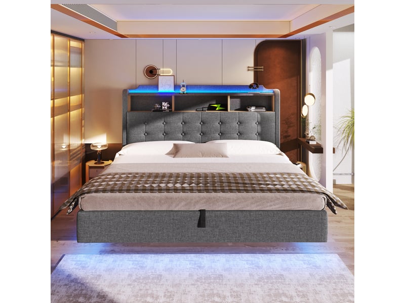  Lit capitonné 180 × 200 cm, gris, sans matelas, led, coffre hydraulique, usb type-c, lin  - Conforama C