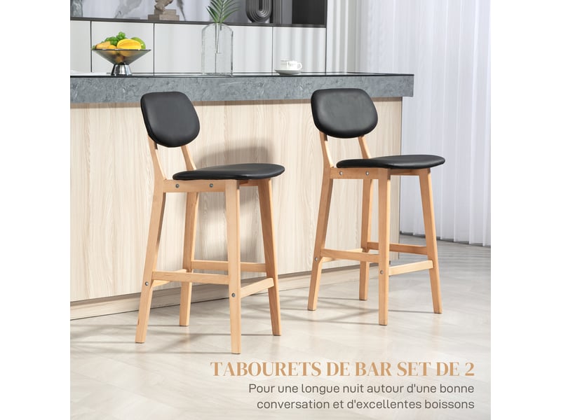 Lot de 2 tabourets de bar, chaises hautes, revêtement synthétique avec dossier et pieds en bois, noir - Conforama D