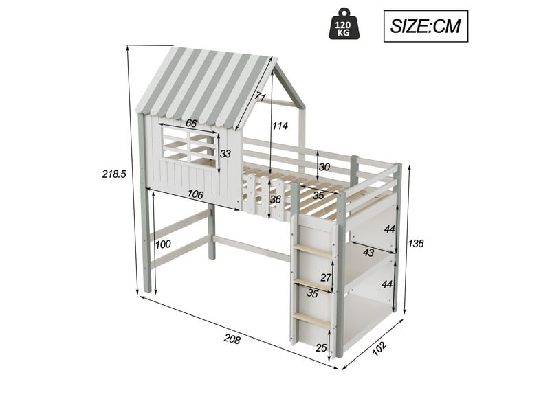  Lit enfant 90x200cm, lit simple, lit mezzanine, sommier, espace de rangement, escalier intégré, vert, sans matelas  - Conforama C