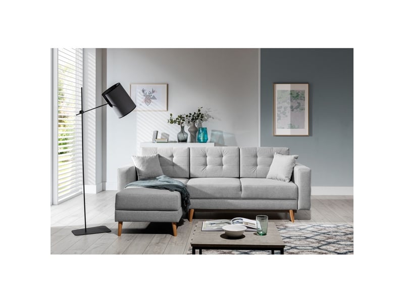 Canapé d'angle convertible hasgard 3 places gris 248x162 cm – coffre et pieds bois  - Conforama B