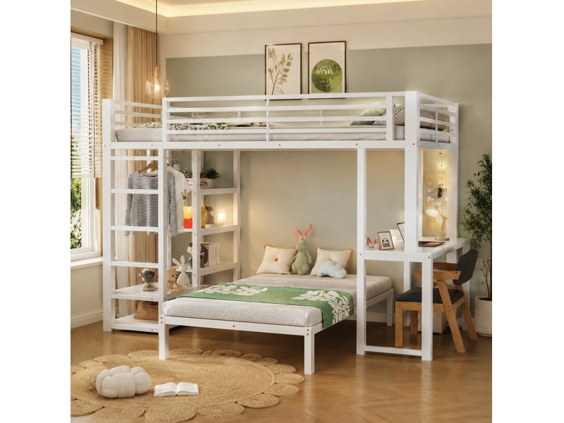  Lit mezzanine 90 × 200 cm 2 places avec bureau, prise usb et type-c, 4 étagères, sans matelas, blanc  - Conforama C