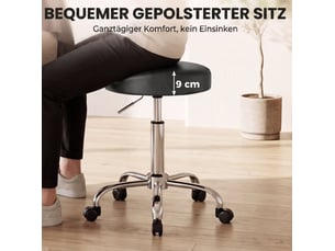 Tabouret de salon à roulettes noir en cuir régénéré, réglable de 52 à 67,5 cm, pivotant à 360° pour espaces compacts