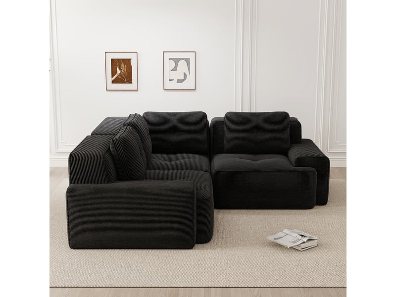 Canapé d'angle modulaire sans armature avec assise profonde et dossier enveloppant en velours côtelé noir - Conforama C