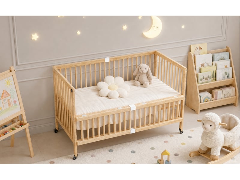  Lit bébé évolutif convertible 70 x 140 x 95 cm naturel bois de pin 4 hauteurs réglables barrière rabattable roues verrouillables evarich - Conforama B