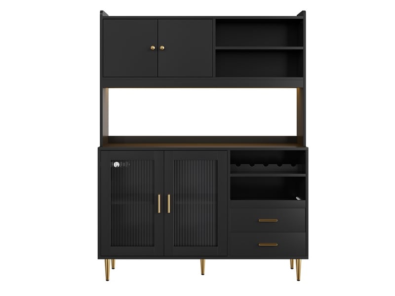 Buffet haut 130 x 40 x 172 cm - armoire de cuisine avec led, prises, casier à vin et tiroirs - noir - Conforama A
