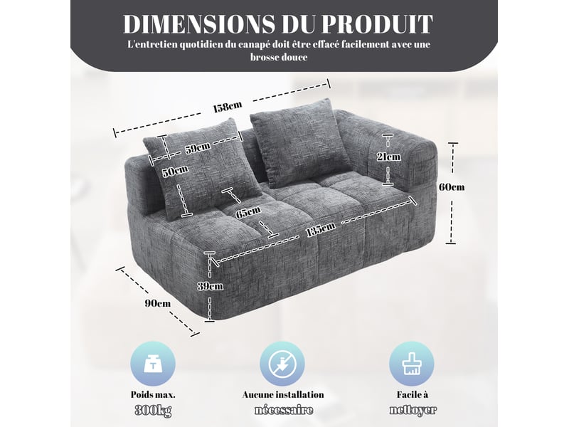  Canapé droit fixe 2 places en tissu gris avec poches latérales, confort moelleux pour votre salon moderne  - Conforama C