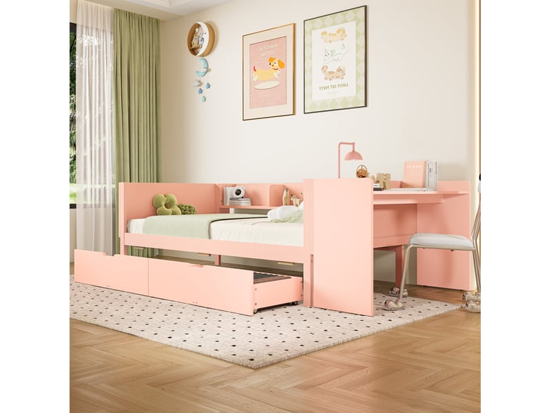  Modenvie lit enfant avec bureau 90x200 cm - avec 2 tiroirs et 3 étagères, sans matelas - rose  - Conforama E