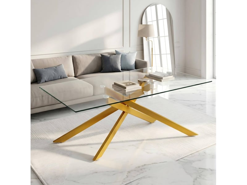  Table basse rectangulaire 120x60 cm en verre trempé et métal doré, hauteur 46 cm  - Conforama D