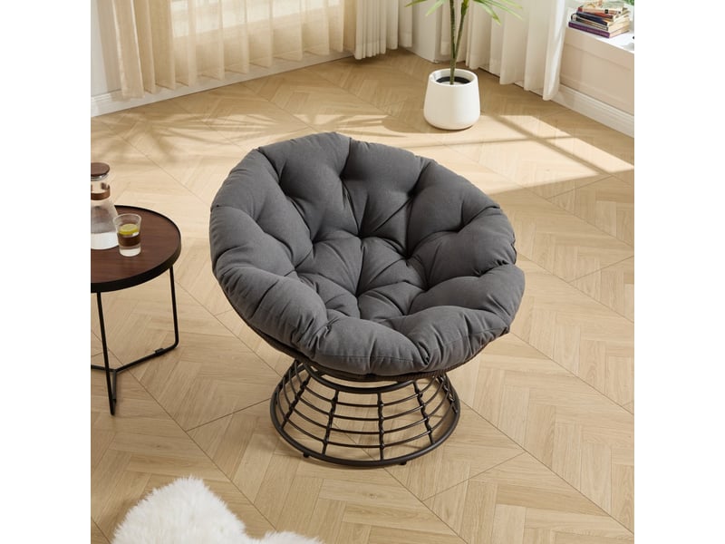  Fauteuil papasan pivotant à 360° en résine tressée - diamètre 92cm - chaise ergonomique avec coussin épais - marron et gris  - Conforama C