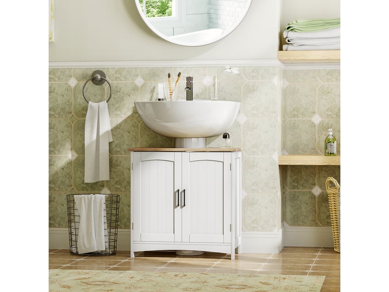  Meuble sous lavabo salle de bains blanc et bois, 2 portes, 60 x 33 x 60 cm  - Conforama D