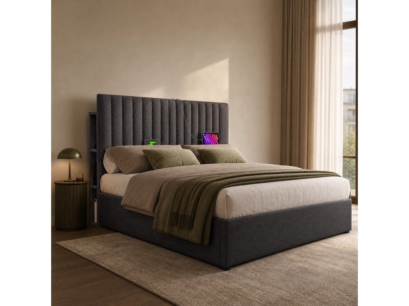  Lit coffre 160x200 cm 2 places avec tête de lit, rangement, led, prises usb et type-c, cadre métallique et revêtement lin gris, sans matelas  - Conforama B