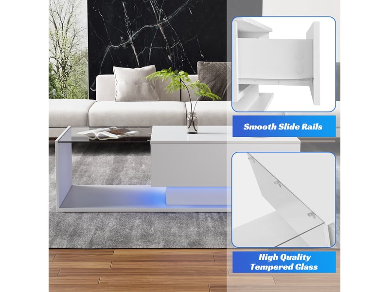  Table basse moderne blanche brillante 100x50x40 cm - plateau verre, led, 1 tiroir, salon  - Conforama D