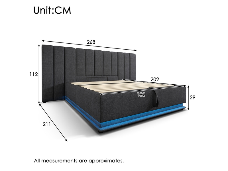  Lit coffre 180x200 cm avec matelas h3, led 360° pilotée par application et télécommande, 3 ports usb + usb-c, rangement hydraulique, soutien 7 zones, structure en métal et lin gris  - Conforama C