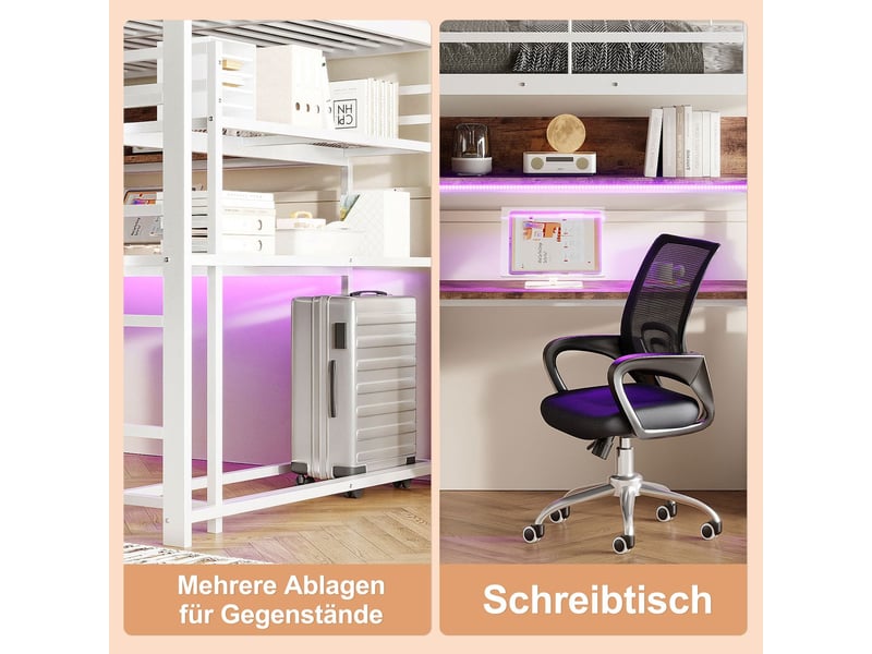  Lit mezzanine140x200cm avec bureau, led - lit double - étagères, tiroirs rangement, barrières sécurité, métal et mdf, lit ado, blanc  - Conforama E