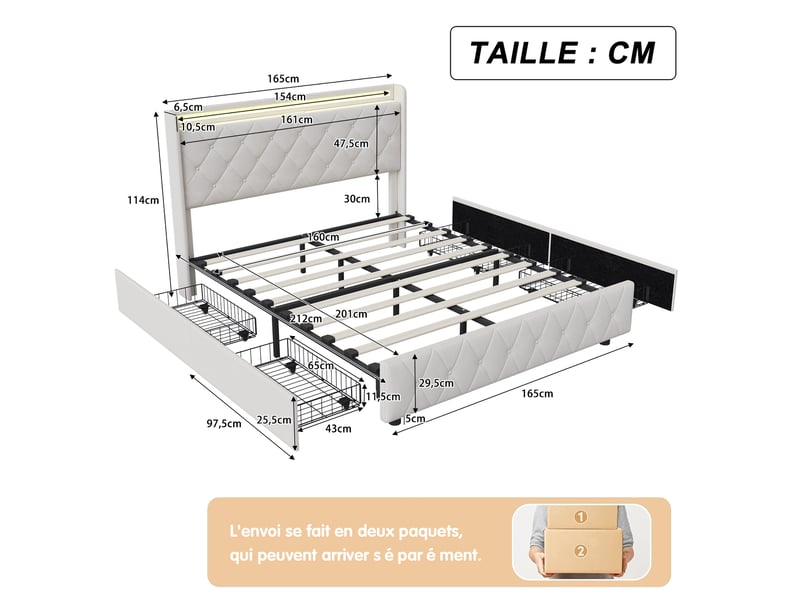  Lit double 160 x 200 cm beige – velours moelleux, tête de lit avec étagère &amp; veilleuse led, ports usbtype-c &amp; 4 tiroirs  - Conforama B