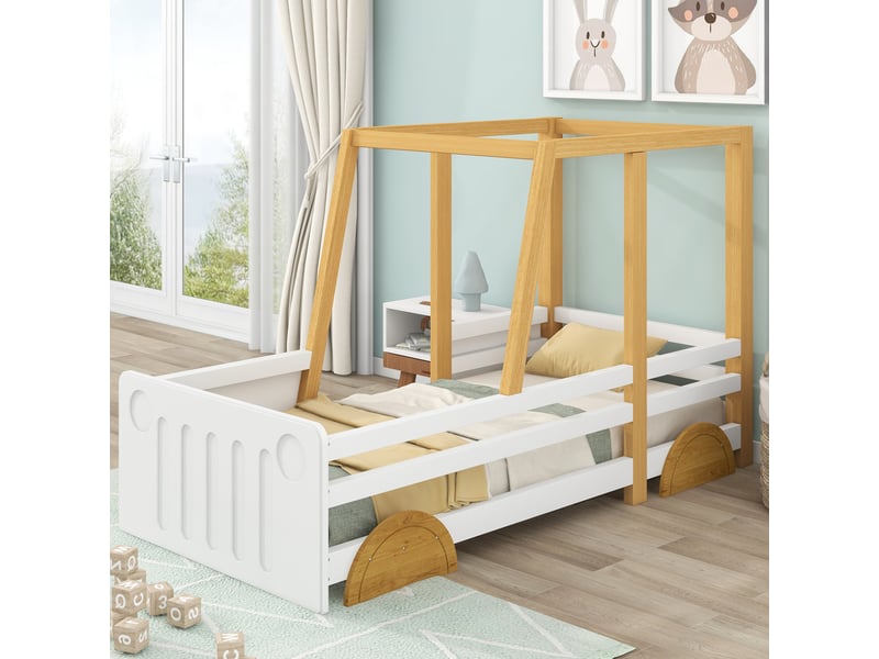  Modenvie lit enfant voiture 90x200 cm - barrières de sécurité, sans matelas - blanc et naturel  - Conforama D