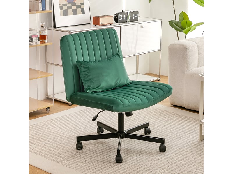  Chaise de bureau pivotante réglable en hauteur, dossier inclinable, roulettes silencieuses et coussin en tissu vert  - Conforama B