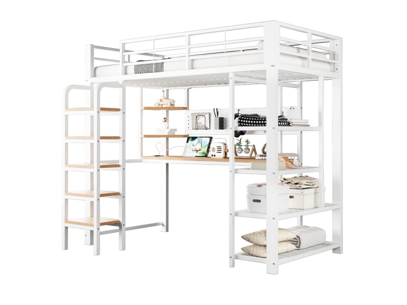  Modenvie lit mezzanine 90x200 cm - bureau intégré, led multicolore et rangements - blanc  - Conforama A
