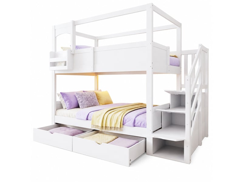  Lit superposé enfant modenvie 90 x 200 cm style cabane blanc avec étagère, tableau, escalier de rangement et 2 tiroirs  - Conforama A