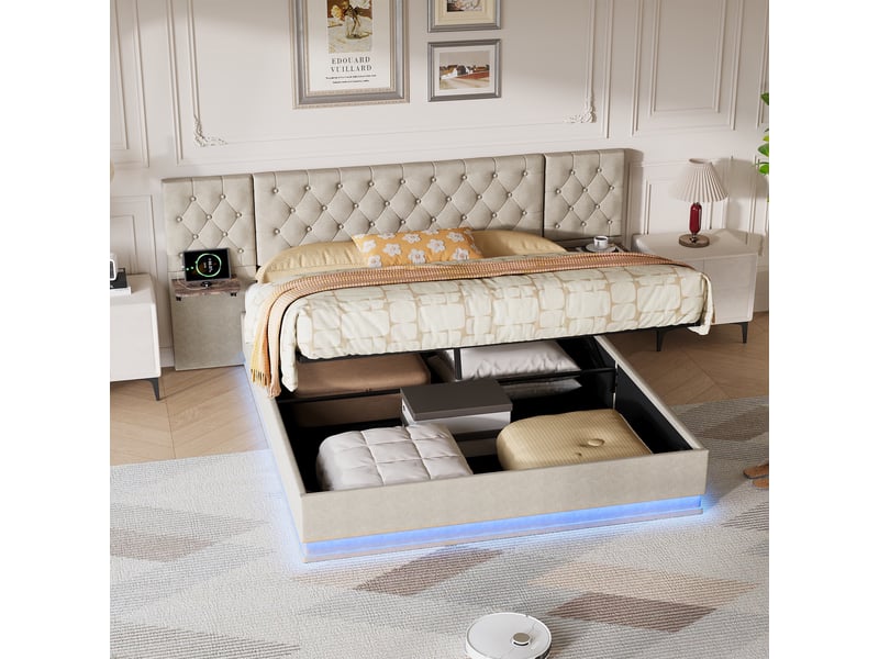  Lit coffre 140x200cm - lit double 140x200 en lin - lit 140x200 avec led et tables de chevet suspendues - beige  - Conforama C