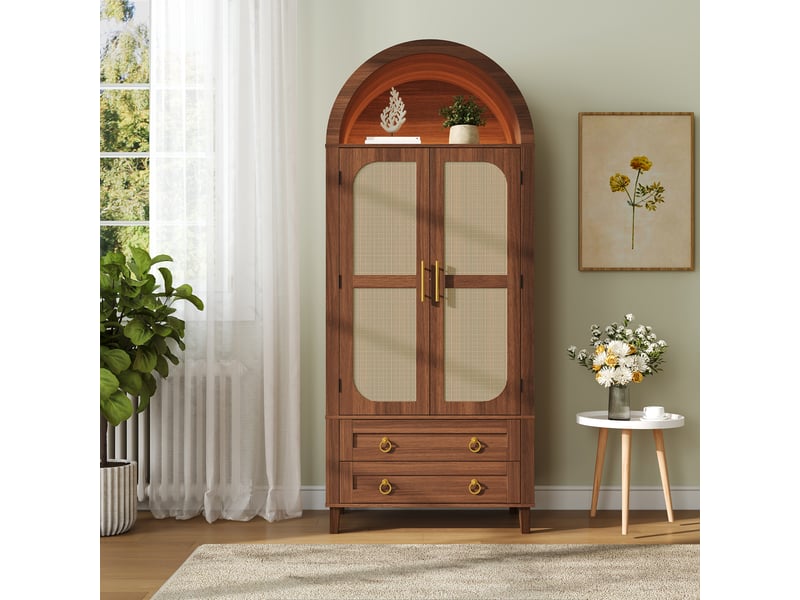  Buffet haut arche 76 cm décor noyer, 2 portes, 2 tiroirs et led Fay Lum - Conforama E