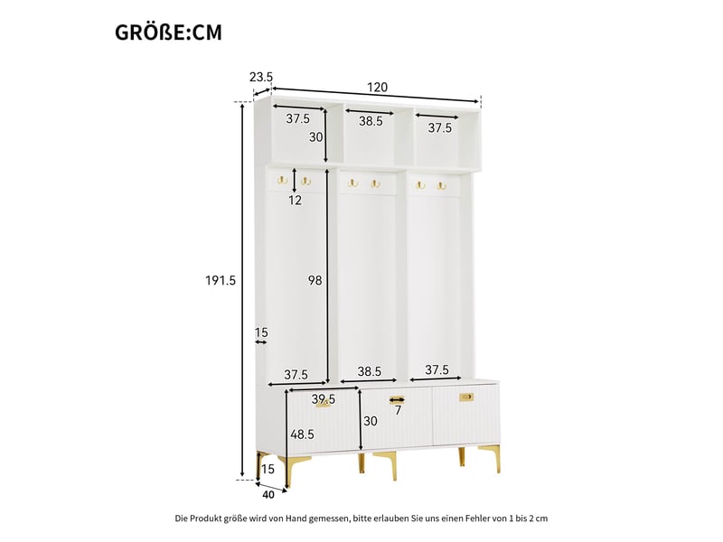  Meuble d'entrée avec banc, rangement ouvert et 6 crochets dorés, en panneaux de particules blanc, 120×23,5×191,5 cm  - Conforama D