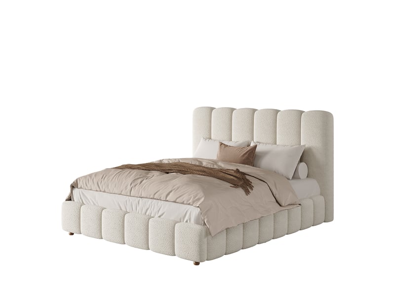  Lit coffre rembourré 140x190 cm, rangement hydraulique, tête de lit capitonnée à rayures verticales, sommier à lattes, bouclé blanc Radiant Stride - Conforama A
