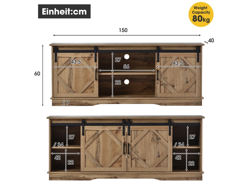  Meuble tv modenvie style campagne 150 x 40 x 60 cm marron rustique avec portes coulissantes  - Conforama C