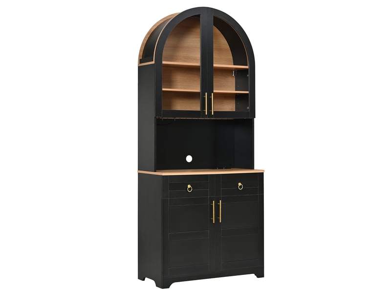  Buffet 80x40x180 cm avec vitrine en verre cintrée, éclairage led, prise intégrée et usb, 2 tiroirs, en mdf, noir  - Conforama A