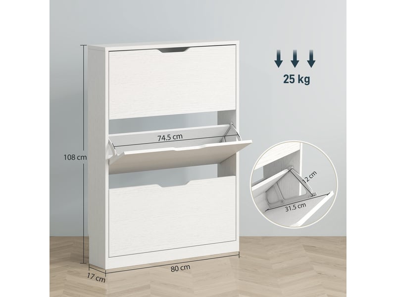  Étagère à chaussures étroite avec 3 tiroirs pliables et découpe au fond, en bois, 80 x 17 x 108 cm, blanche  - Conforama D