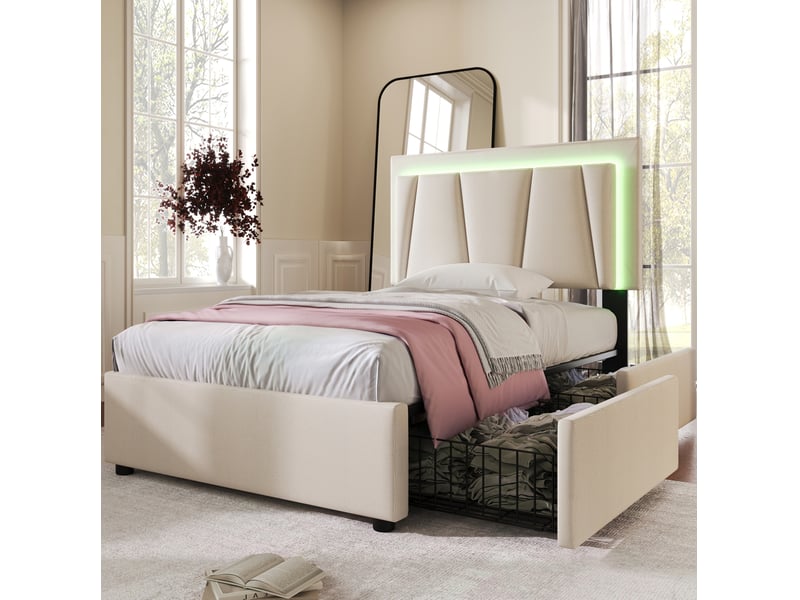  Lit simple 90x200 cm éclairage led et 2 tiroirs en bois beige  - Conforama C