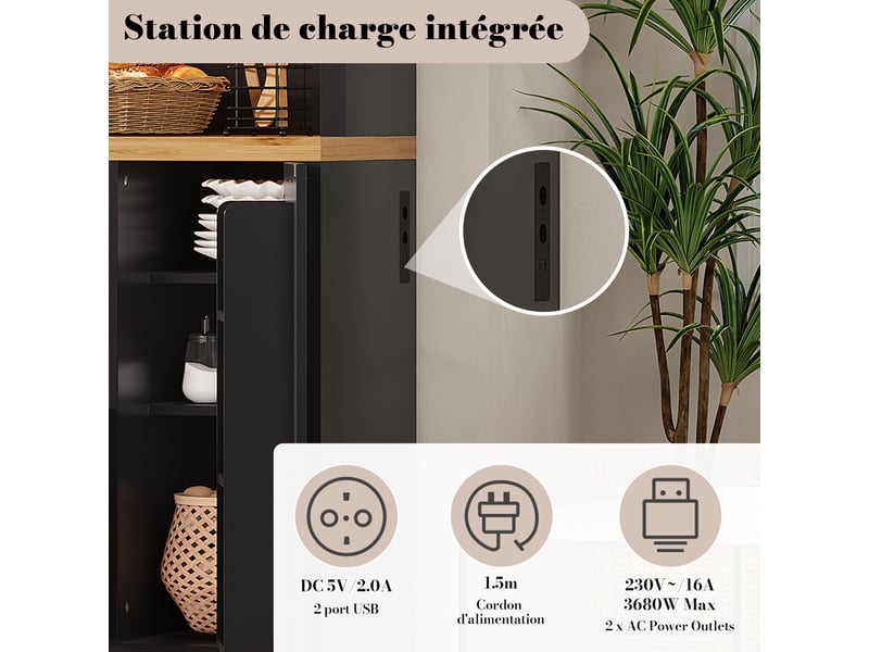  Meuble de cuisine muvano, armoire de cuisine haute avec éclairage led rgb, noir et décor bois, 120 × 40 × 182 cm  - Conforama E