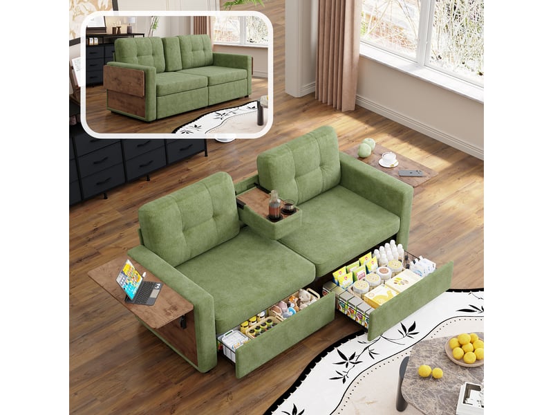  Canapé droit 2 places en chenille 178 x 71 cm avec rangement intégré, tablette rabattable, porte-gobelets et assise réglable - vert  - Conforama B