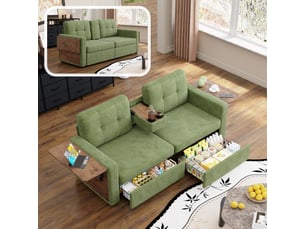 Canapé droit 2 places en chenille 178 x 71 cm avec rangement intégré, tablette rabattable, porte-gobelets et assise réglable - vert