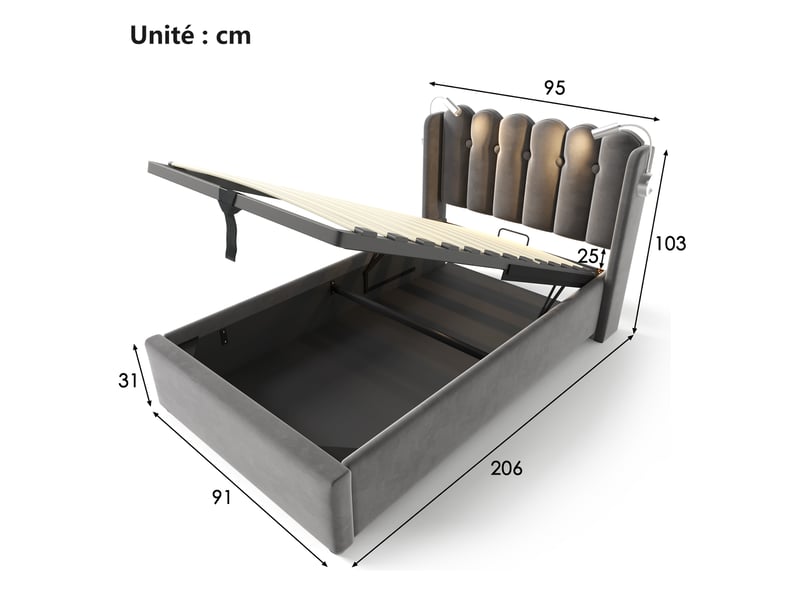  Lit coffre 90x200 cm - lit simple capitonné avec charge usb et lampe led - velours - sans matelas - gris  - Conforama C
