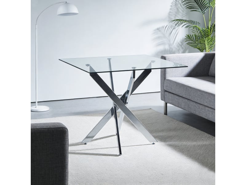 Table à manger en verre trempé 80×80 cm – pieds croisés en métal chromé, salon et cuisine, gain de place - Conforama B