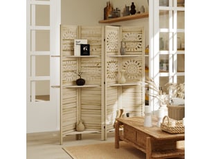 Paravent intérieur 4 panneaux et 3 étagères, 160 x 170 cm, bois de paulownia, séparateur de pièce pliable, bois naturel