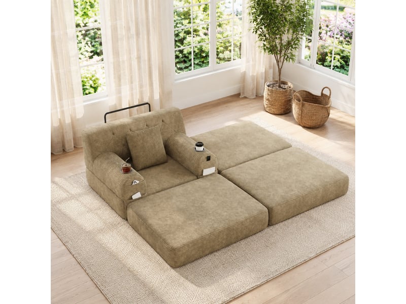  Fauteuil convertible 1 place modenvie avec repose-pieds, fonction couchage, velours côtelé kaki, 4 poches et 2 porte-gobelets, 107 x 162 x 81 cm  - Conforama E