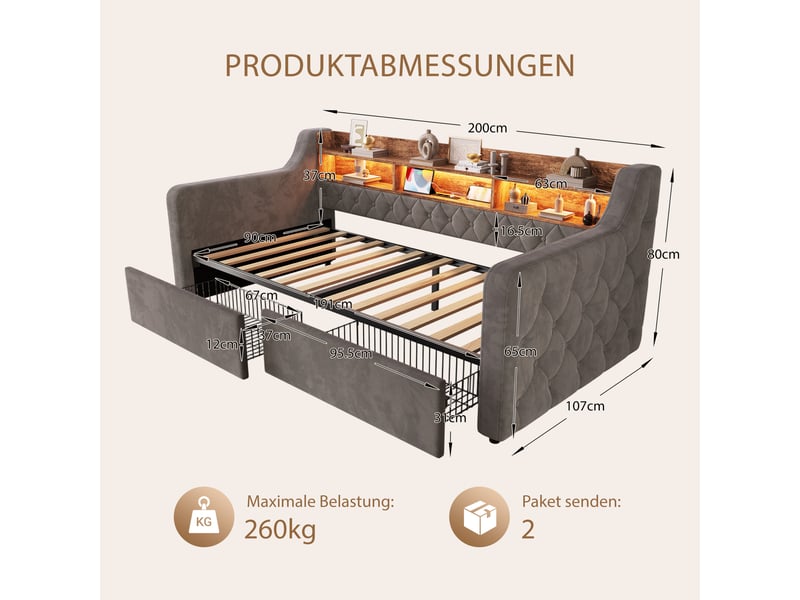  Lit simple rembourré 90x190 avec 2 tiroirs, tête de lit avec rangements, led 16 couleurs, usb et usb-c, sommier, velours gris foncé Morn Vibe - Conforama E