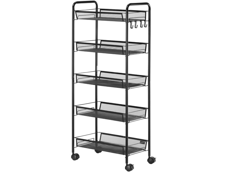  Desserte de cuisine 45x26,5x106 cm – noir – 5 paniers en acier, roulettes freinées et crochets amovibles  - Conforama A