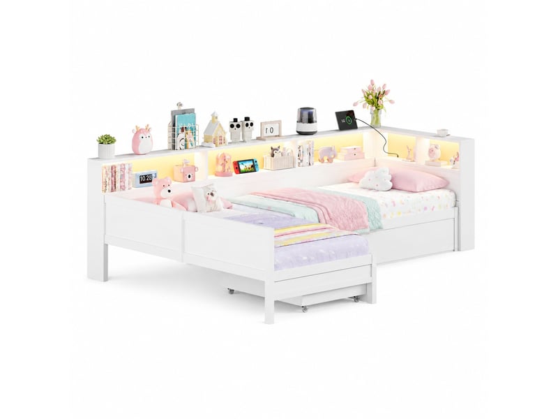 Lit avec rangement 90x200 cm, avec tiroir, led et ports usb, en bois, blanc  - Conforama A