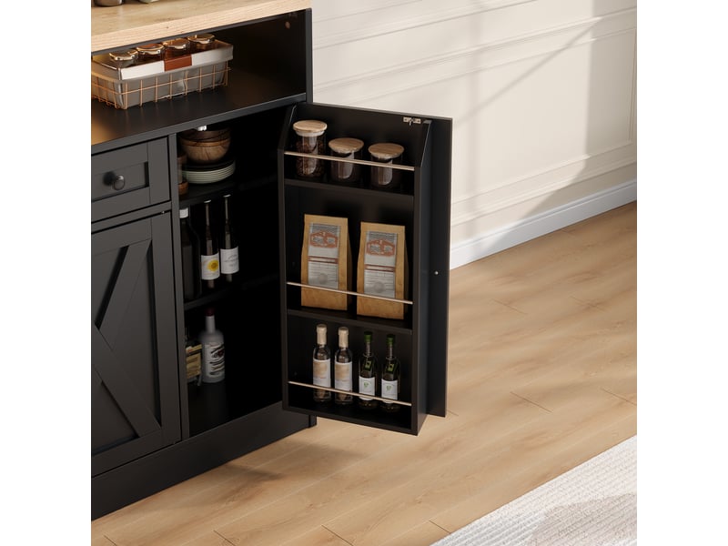  Buffet de cuisine 140x35x95cm avec éclairage led, 1 tiroir, rangements de porte et 4 portes style grange, meuble de rangement, noir evarich - Conforama D