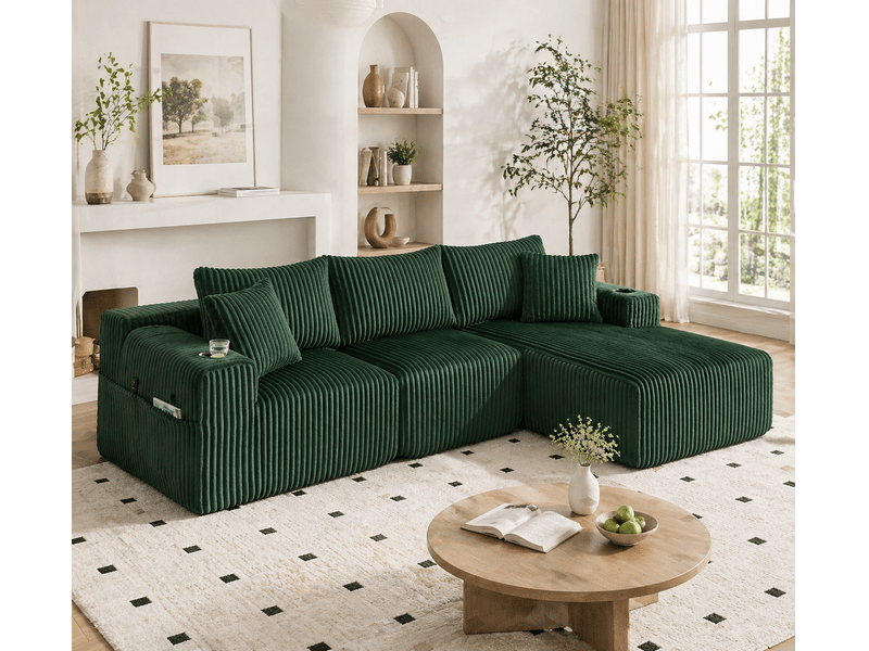 Canapé modulable 257 x 90-160 x 62 cm, méridienne, module 2 places, 5 coussins, porte-gobelets, poches latérales, velours côtelé, vert Bliss Lite - Conforama D