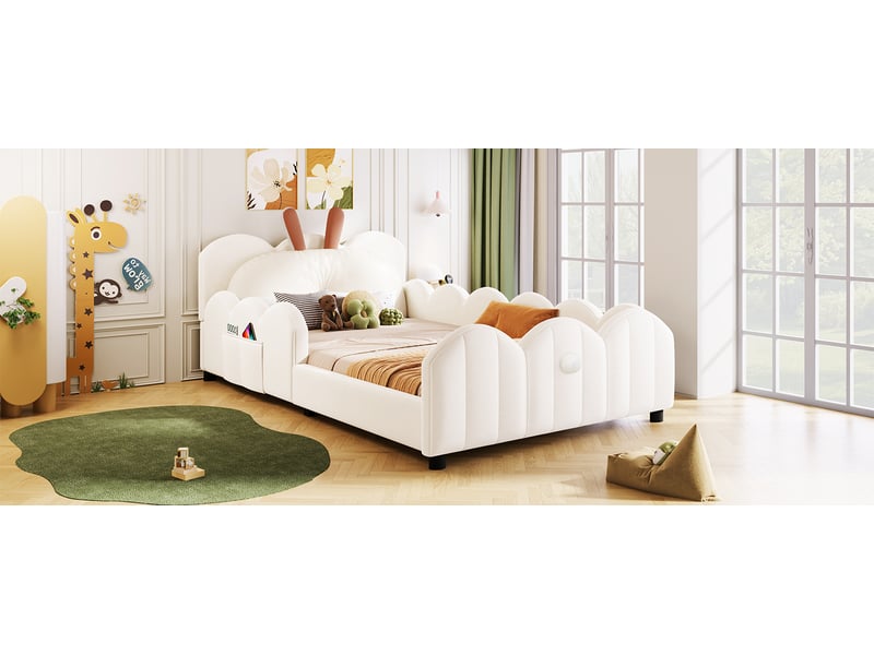 Lit enfant rembourré 90 x 200 cm, coussin lapin, barrières latérales, sommier 12 lattes inclus, mdf et contreplaqué, revêtement velours, beige - Conforama E