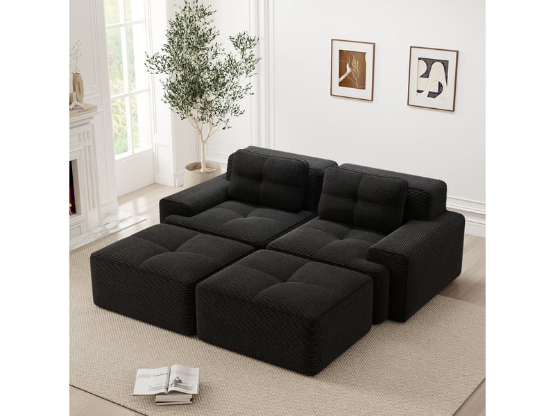  Canapé d'angle, canapé modulable – sans cadre, sans montage, avec pouf, en velours tricoté, forme u, 2 places, noir, assise profonde, style cloud  - Conforama A