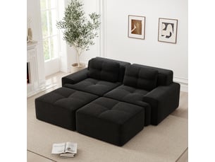 Canapé d'angle, canapé modulable – sans cadre, sans montage, avec pouf, en velours tricoté, forme u, 2 places, noir, assise profonde, style cloud
