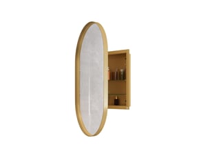 Armoire de toilette ovale miroir étagères réglables métal doré 85 x 51.5 x 12 cm